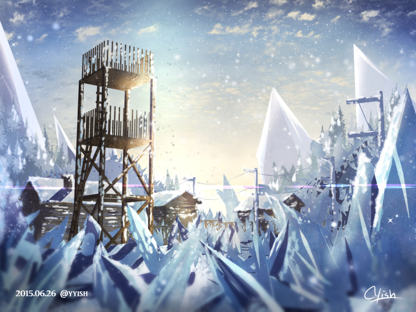 artist_name blue_sky blue_theme blurry blurry_foreground clouds commentary_request dated day diffraction_spikes gradient_sky highres house ice ladder no_humans original outdoors power_lines scenery signature sky snow snowing sunrise tower tree twitter_username utility_pole waisshu_(sougyokyuu) watermark