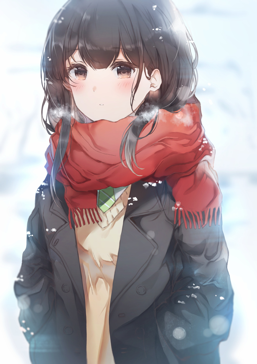 1girl bangs black_coat black_hair blurry blurry_background blush breath cardigan coat enpera eyebrows_visible_through_hair green_necktie hands_in_pockets highres long_hair looking_at_viewer namamake necktie open_clothes open_coat original parted_lips red_scarf scarf school_uniform snow solo upper_body winter