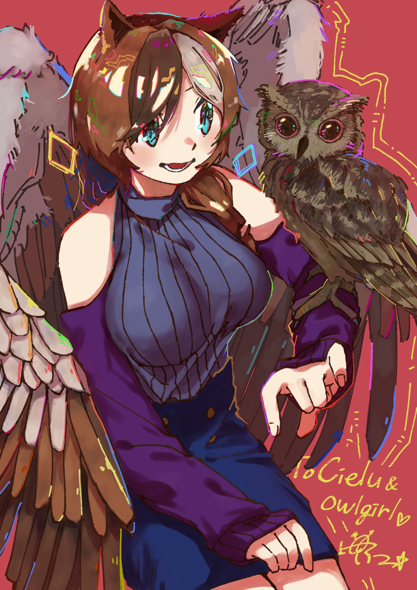 1girl absurdres asymmetrical_hair bird blue_eyes commission commissioner_upload estelle_(cieluscian) hair_over_one_eye highres md5_mismatch multicolored_hair original owl simple_background skeb_commission smile ueno_itu wings