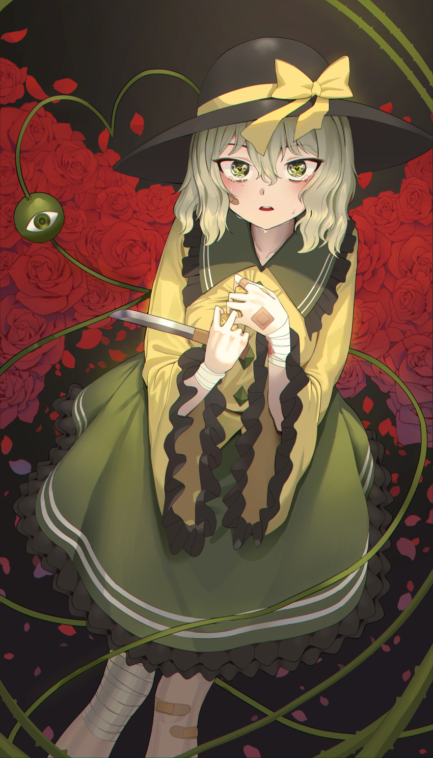 1girl absurdres bandages crying crying_with_eyes_open eyebrows_visible_through_hair feet_out_of_frame flower frilled_shirt_collar frills from_above goback green_eyes green_hair green_skirt hair_between_eyes hat heart heart-shaped_pupils heart_of_string highres holding holding_knife injury knife komeiji_koishi long_hair looking_at_viewer parted_lips red_flower red_rose rose shirt skirt solo standing symbol-shaped_pupils tears teeth third_eye touhou upper_teeth wide_sleeves yellow_shirt