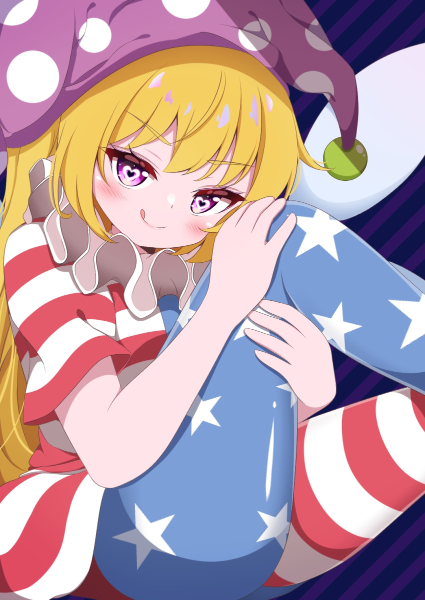 1girl american_flag_dress american_flag_legwear ass bangs blonde_hair blush clownpiece diagonal_stripes feet_out_of_frame flat_chest g4ku hat heart heart-shaped_pupils highres jester_cap knee_up long_hair looking_at_viewer neck_ruff pantyhose polka_dot purple_background purple_headwear short_sleeves simple_background solo star_(symbol) star_print striped symbol-shaped_pupils thighs touhou v-shaped_eyebrows very_long_hair violet_eyes