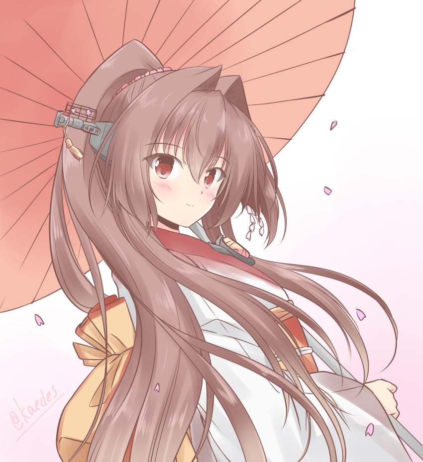 1girl blush brown_eyes brown_hair closed_mouth eyebrows_visible_through_hair hair_between_eyes highres holding holding_umbrella icesherbet japanese_clothes kantai_collection kimono long_hair long_sleeves oil-paper_umbrella one-hour_drawing_challenge petals ponytail red_umbrella smile solo twitter_username umbrella white_kimono wide_sleeves yamato_(kancolle)