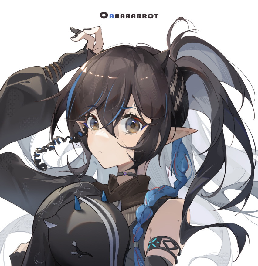 1girl arknights arm_up bangs bare_shoulders black_choker black_hair black_nails blacknight_(arknights) blue_hair caaaaarrot choker commentary_request eyebrows_visible_through_hair grey_eyes hair_between_eyes highres infection_monitor_(arknights) multicolored_hair nail_polish pointy_ears solo streaked_hair two_side_up upper_body