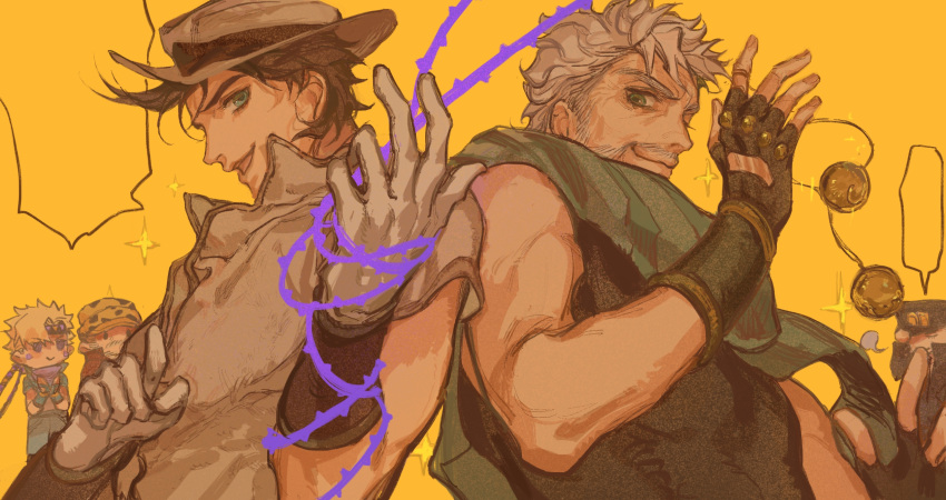 5boys battle_tendency beard blonde_hair bola_(weapon) brown_hair caesar_anthonio_zeppeli chibi cosplay costume_switch diamond_wa_kudakenai facial_hair fedora fingerless_gloves gloves green_eyes green_scarf grey_hair hat hermit_purple highres jojo_no_kimyou_na_bouken joseph_joestar joseph_joestar_(old) joseph_joestar_(young) kujo_jotaro multicolored_clothes multicolored_scarf multiple_boys official_alternate_costume old old_man plant scarf smile stand_(jojo) stardust_crusaders striped striped_scarf thorns vertical-striped_scarf vertical_stripes vines white_gloves yellow_scarf