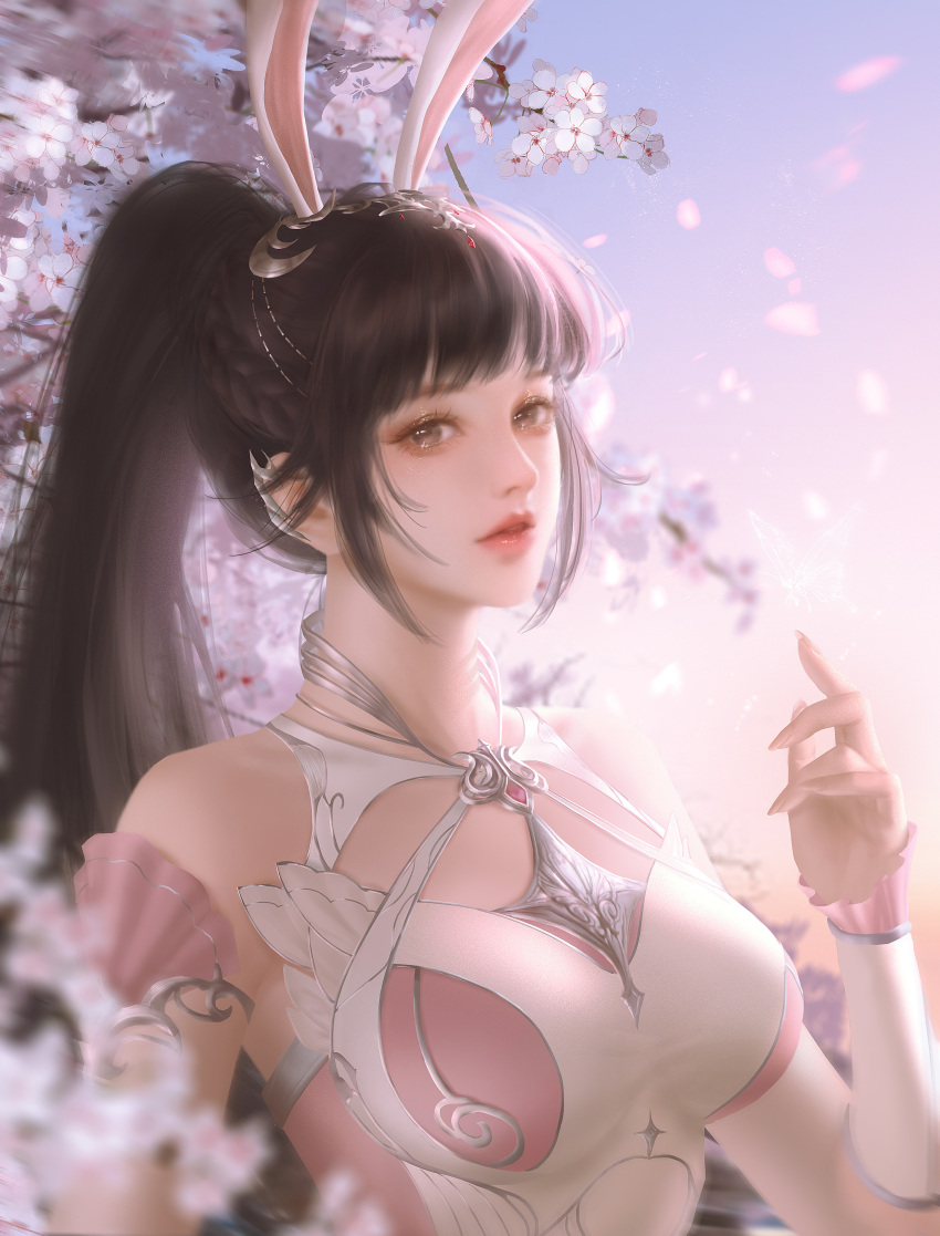 1girl absurdres blue_sky breasts brown_hair cherry_blossoms douluo_dalu douluo_dalu_xiaowu_zhuye dress highres large_breasts looking_at_viewer petals pink_dress ponytail sky tree weibo_id xiao_wu_(douluo_dalu)