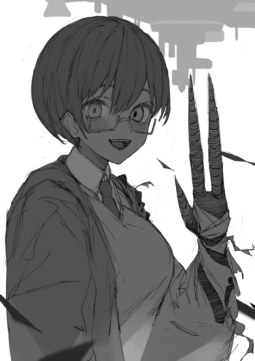 1girl absurdres blush claws glasses greyscale hair_between_eyes hatching_(texture) highres looking_at_viewer monochrome monster_girl necktie open_mouth original school_uniform short_hair silhouette smile solo takaha4_mei teeth tongue torn torn_clothes upper_body waving