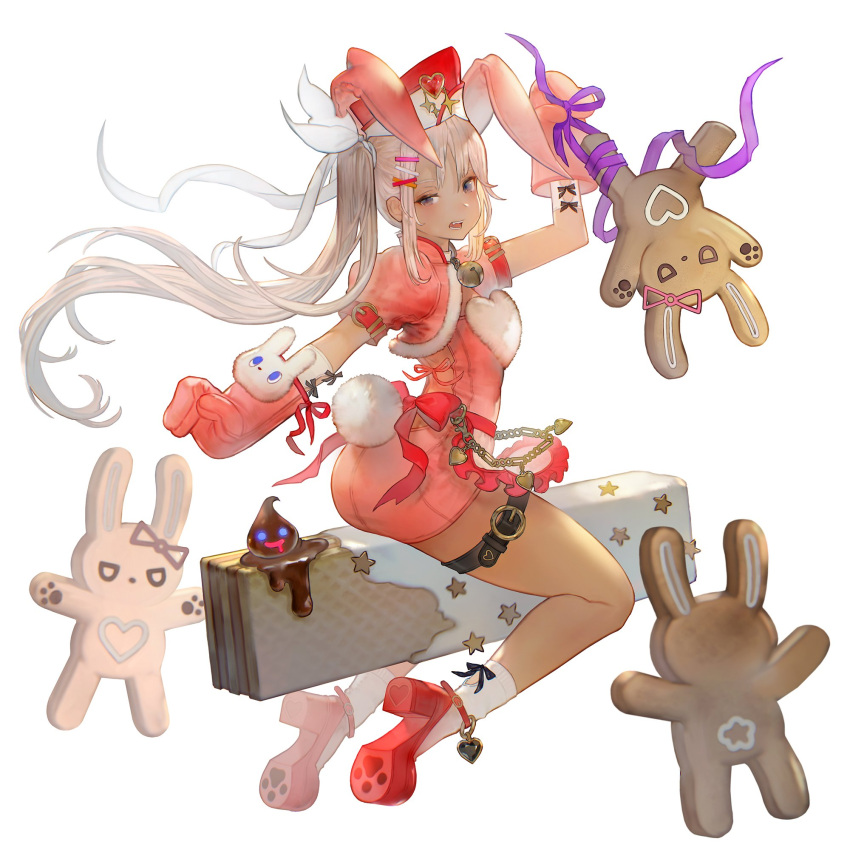 1girl animal_ears arm_up candy chain character_request dress food full_body fur_trim gran_saga hair_ribbon hat high_heels highres open_mouth outstretched_arm oversized_object puffy_sleeves rabbit_ears rabbit_tail ribbon riesun short_sleeves silver_hair simple_background sitting sitting_on_object socks solo tail thigh_strap violet_eyes white_background