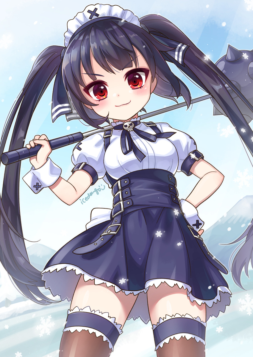 1girl arm_up black_hair black_legwear black_skirt hand_on_hip highres icedango_(dpopic3) kooh long_hair looking_at_viewer mace maid_headdress pangya red_eyes ribbon shirt short_sleeves skirt smile solo spiked_mace spikes thigh-highs thighs twintails very_long_hair weapon white_shirt wrist_cuffs