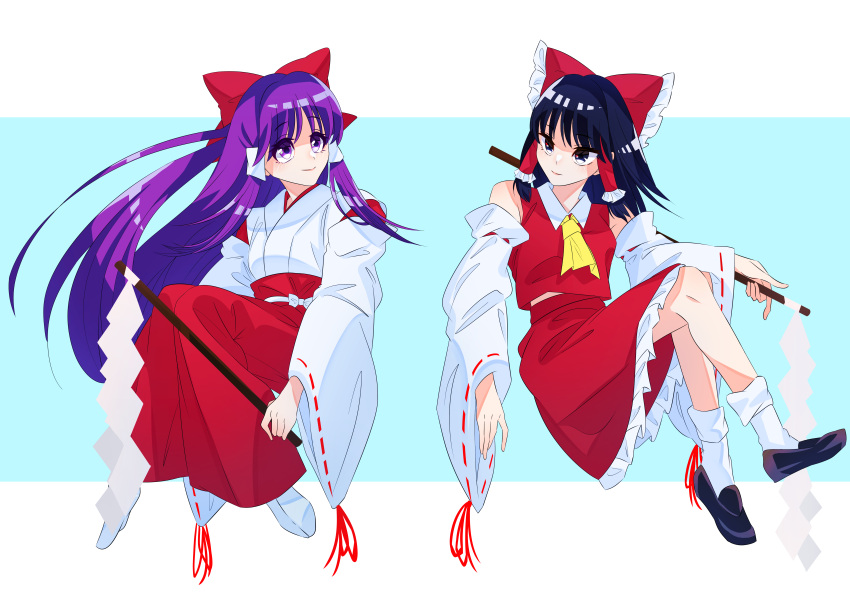 2girls absurdres ascot bangs bare_shoulders black_eyes black_footwear black_hair bow breasts closed_mouth collared_vest detached_sleeves dual_persona frilled_bow frilled_skirt frills full_body gohei guumin hair_bow hair_tubes hakama hakurei_reimu hakurei_reimu_(pc-98) happy highres holding japanese_clothes kimono loafers long_hair long_sleeves medium_hair midriff_peek miko multiple_girls purple_hair red_bow red_hakama red_ribbon red_skirt red_vest ribbon ribbon-trimmed_sleeves ribbon_trim sash shoes sidelocks skirt small_breasts smile socks tabi touhou touhou_(pc-98) very_long_hair vest violet_eyes white_bow white_kimono white_legwear white_sash white_sleeves wide_sleeves yellow_ascot