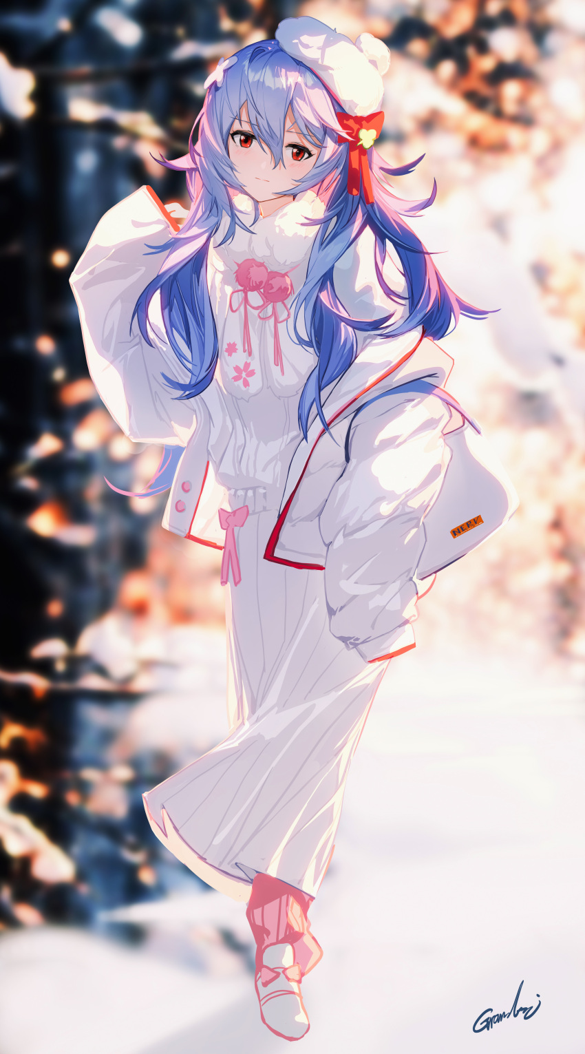 1girl absurdres alternate_hair_length alternate_hairstyle ayanami_rei blue_hair blurry blurry_background bow closed_mouth commentary eyebrows_visible_through_hair full_body fur_collar grandia_lee hand_up hat hat_bow highres jacket long_hair long_sleeves neon_genesis_evangelion outdoors pink_bow pink_legwear pink_ribbon rebuild_of_evangelion red_bow red_eyes ribbon signature skirt sleeves_past_fingers sleeves_past_wrists snow socks solo sweater white_headwear white_jacket white_legwear white_skirt white_sweater
