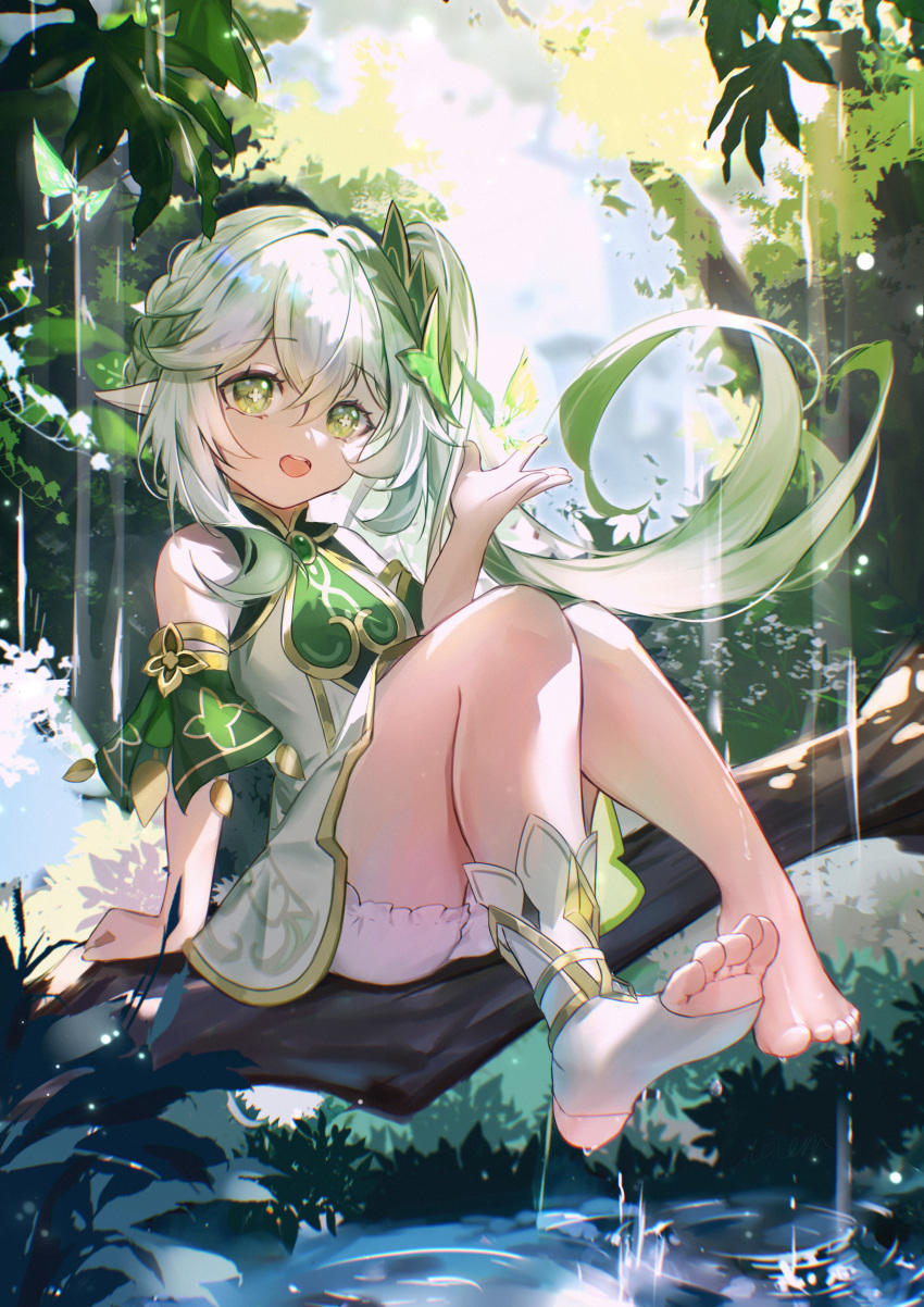 1girl absurdres arm_support bare_shoulders bloomers blush crystalfly_(genshin_impact) day dress feet floating_hair full_body genshin_impact golem_(he_ji_gao) gradient_hair green_eyes green_hair hair_between_eyes highres in_tree looking_at_viewer multicolored_hair nahida_(genshin_impact) nature open_mouth outdoors pointy_ears side_ponytail single_sock sitting sitting_in_tree sleeveless sleeveless_dress socks solo teeth thighs toeless_legwear toes tree underwear upper_teeth water wet white_bloomers white_hair white_socks