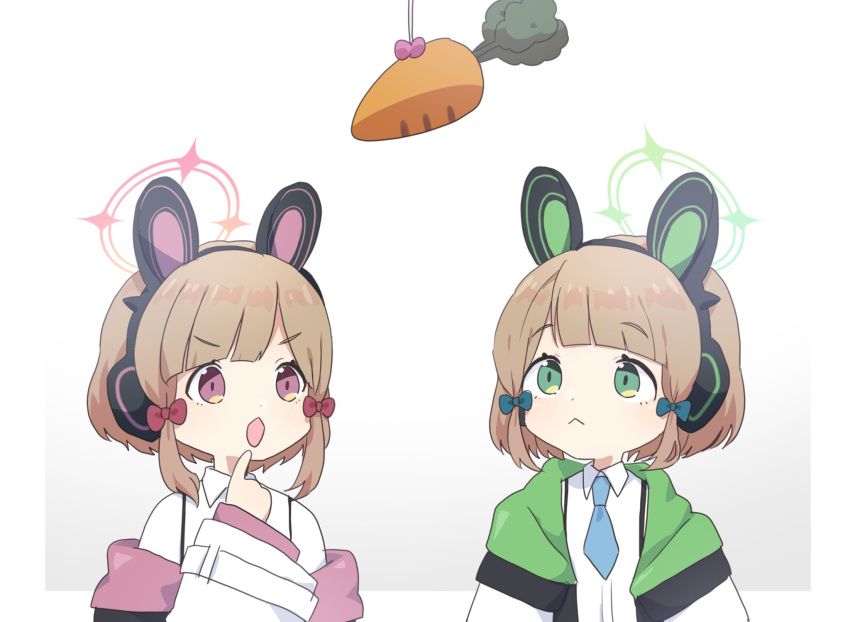 2girls animal_ear_headphones blue_archive blue_necktie bow carrot finger_to_mouth green_bow green_eyes green_jacket hair_bow halo headphones highres jacket midori_(blue_archive) momoi_(blue_archive) multiple_girls necktie off_shoulder pink_bow pink_eyes pink_jacket shirt siblings suspenders todatanoto twins white_shirt wide_sleeves