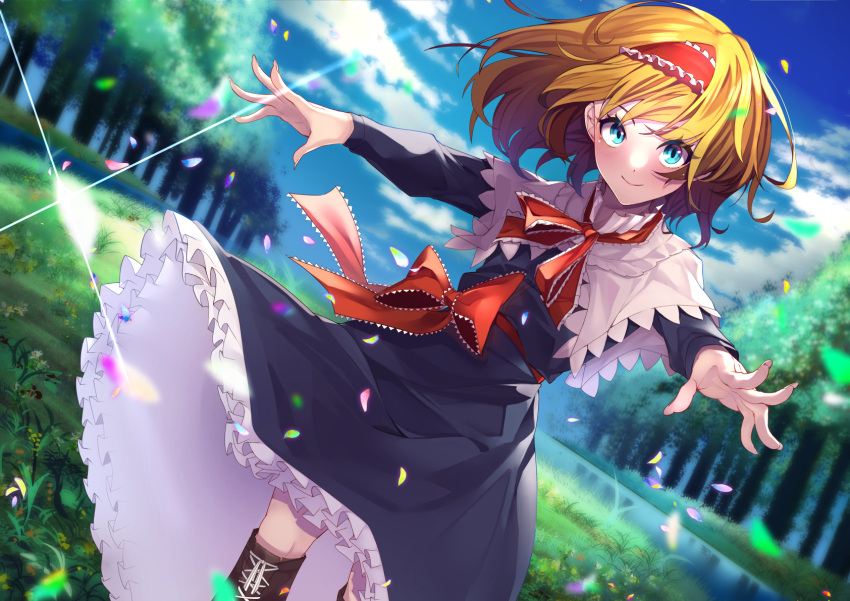 1girl alice_margatroid blonde_hair blue_dress blue_eyes boots brown_footwear capelet closed_mouth cross-laced_footwear day dress eyebrows_visible_through_hair fingernails hairband highres lace-up_boots littolebusters lolita_hairband long_sleeves red_hairband short_hair smile solo touhou tree white_capelet