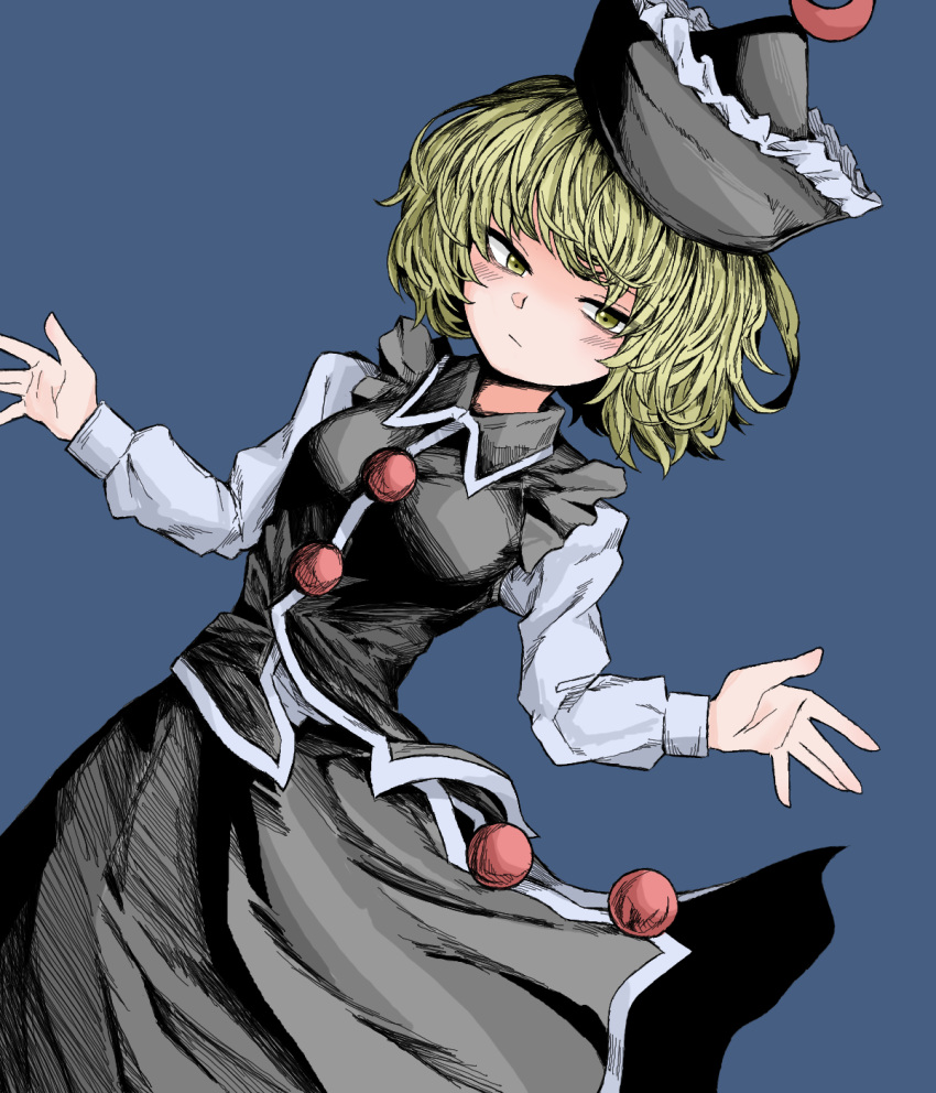 1girl bangs black_headwear black_skirt blonde_hair blue_background closed_mouth collarbone crescent crescent_hat_ornament fe_(tetsu) frilled_hat frills hat hat_ornament highres long_sleeves looking_at_viewer lunasa_prismriver short_hair simple_background skirt solo touhou yellow_eyes