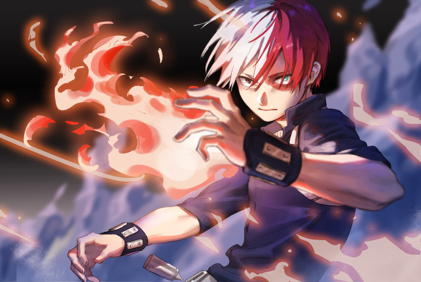 1boy blue_eyes boku_no_hero_academia burn_scar commentary_request fire grey_eyes heterochromia highres keapriciti looking_at_viewer male_focus multicolored_hair redhead scar scar_on_face short_hair todoroki_shouto two-tone_hair white_hair