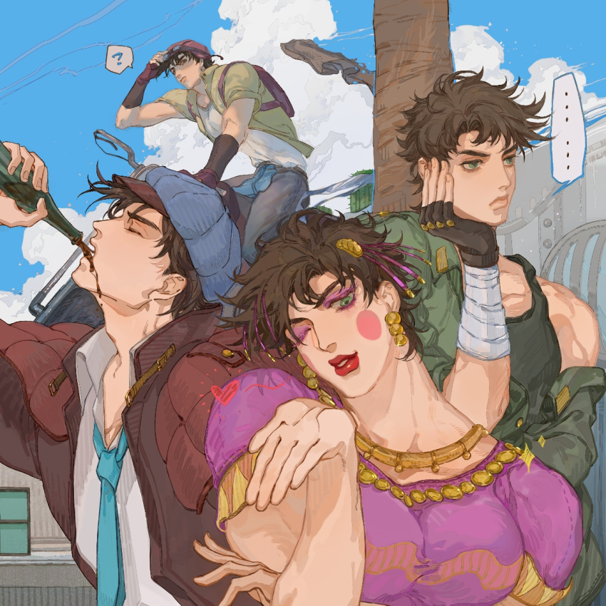 ... 4boys aviator_cap bandaged_wrist bandages battle_tendency bottle breast_padding brown_hair cabbie_hat cola crossdressing dress drinking earrings eyeshadow fingerless_gloves gloves goggles goggles_on_headwear green_eyes hair_ornament hat jacket jewelry jojo_no_kimyou_na_bouken joseph_joestar joseph_joestar_(tequila) joseph_joestar_(young) makeup male_focus military military_uniform mitus multiple_boys multiple_persona off_shoulder one_eye_closed padded_coat palm_tree spilling tree uniform yellow_jacket