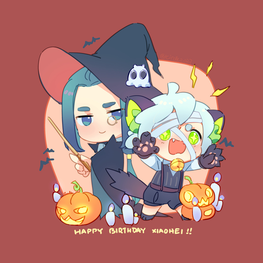 +_+ 2boys animal_ears animal_hands bell black_shorts blue_eyes blue_hair blush candle cape cat_boy cat_ears cat_tail chibi fangs gloves glowing green_eyes halloween halloween_costume hat highres holding holding_wand jack-o'-lantern long_hair long_sleeves luoxiaohei monocle multiple_boys paw_gloves short_hair shorts suncle suspenders tail the_legend_of_luo_xiaohei wand white_hair witch_hat wuxian_(the_legend_of_luoxiaohei)