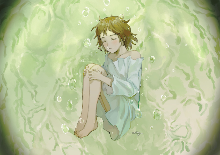 1girl air_bubble bad_id bad_tumblr_id bangs barefoot brown_hair bubble celry closed_eyes dress facing_viewer floating_hair from_side full_body haibane_renmei hands_on_own_knees hands_up highres hugging_own_legs knees_to_chest knees_up legs_together light_blush long_sleeves muted_color off_shoulder parted_lips rakka_(haibane) short_hair signature sleeping sleeping_upright solo toes u_u underwater vignetting white_dress wide_sleeves
