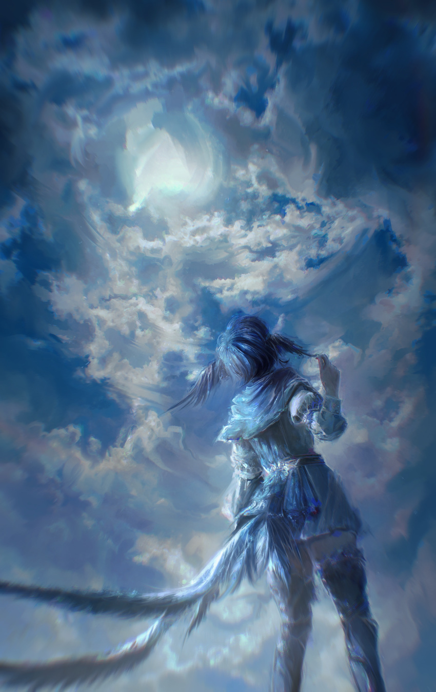 1girl absurdres bird_girl bird_legs bird_tail blue_capelet blue_hair blue_tail capelet clouds facing_away final_fantasy final_fantasy_xiv from_behind head_wings highres looking_up meteion norino_(106592473) outdoors short_hair sky solo tail wing_ears
