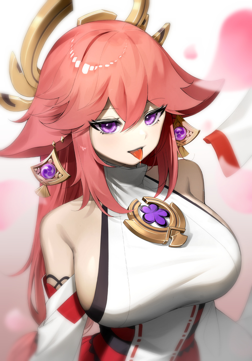 1girl absurdres animal_ears bare_shoulders breasts brooch cherry_blossoms detached_sleeves earrings floppy_ears fox_ears genshin_impact hair_ornament highres japanese_clothes jewelry large_breasts long_hair long_sleeves looking_at_viewer miko pink_hair sbgu sideboob solo tongue tongue_out upper_body violet_eyes yae_(genshin_impact)