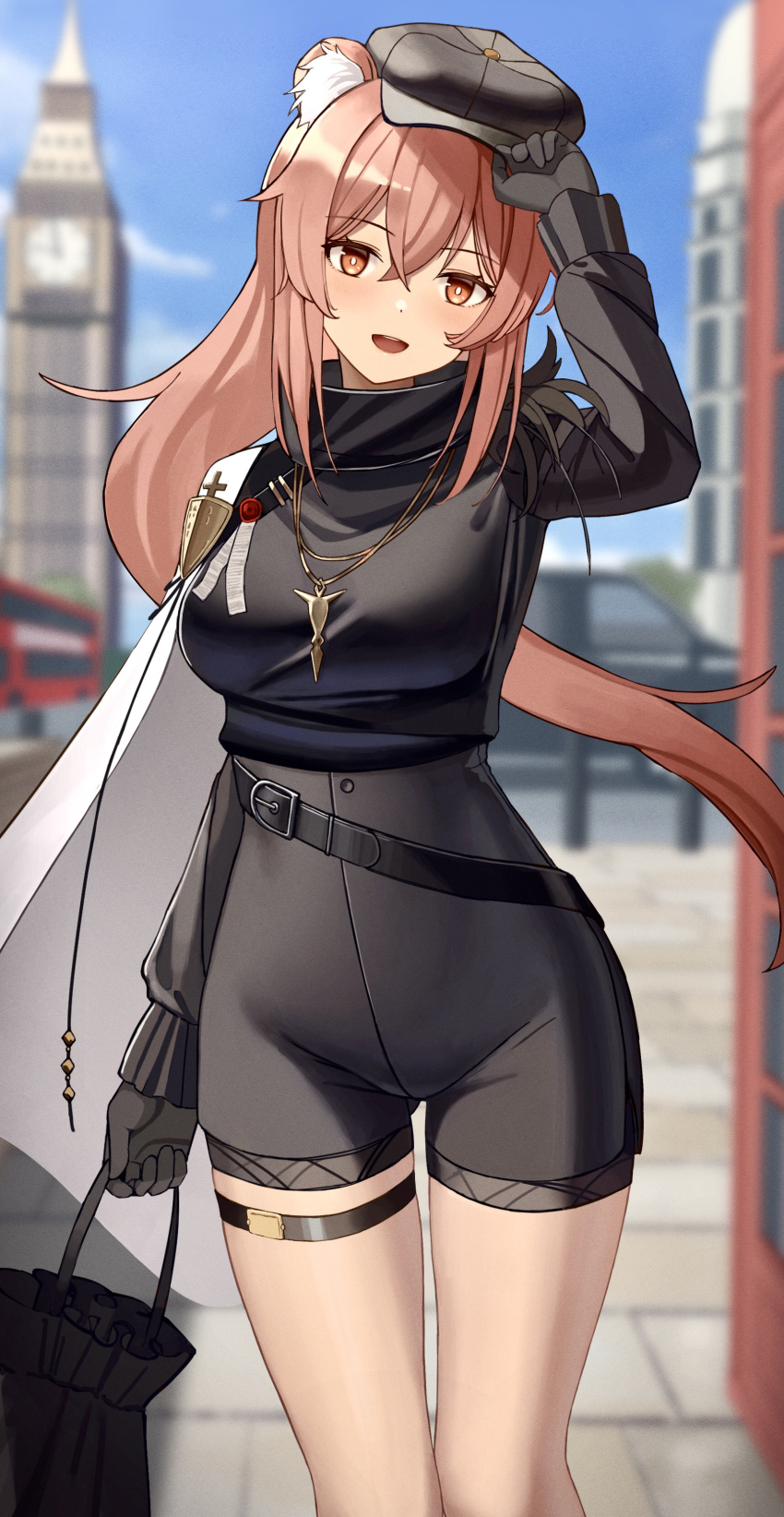 1girl :d absurdres animal_ear_fluff animal_ears arknights ass_visible_through_thighs bag bangs black_gloves black_shorts breasts building cape day elizabeth_tower eyebrows_visible_through_hair feet_out_of_frame gloves gravel_(arknights) gravel_(modeling_night)_(arknights) hair_between_eyes hand_on_headwear high-waist_shorts high_collar highres holding holding_bag jewelry large_breasts long_hair long_sleeves looking_at_viewer necklace official_alternate_costume open_mouth orange_eyes outdoors pink_hair purity_seal shorts smile solo standing teruru0321 thigh_strap very_long_hair white_cape