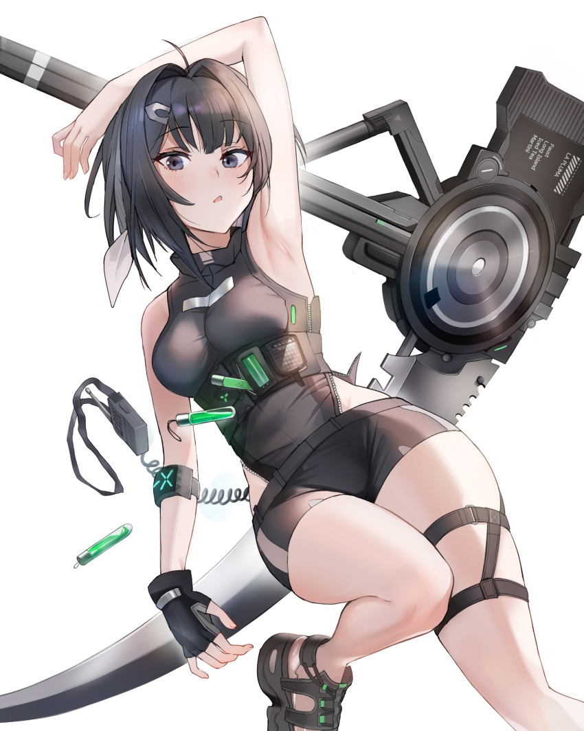 1girl arknights arm_up armpits bangs beruko14 black_eyes black_gloves black_hair breasts eyebrows_visible_through_hair fingerless_gloves gloves hair_intakes hair_ornament highres la_pluma_(arknights) looking_at_viewer medium_breasts medium_hair scythe short_shorts shorts simple_background solo thigh_strap thighs weapon white_background