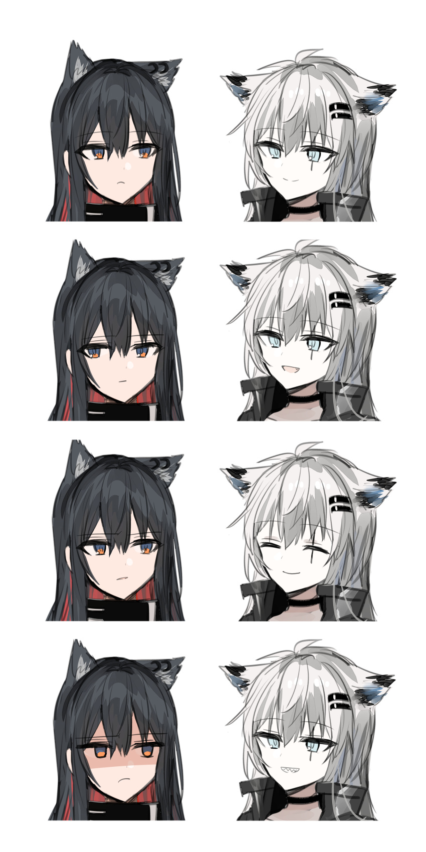 2girls :d ^_^ absurdres animal_ear_fluff animal_ears arknights bangs black_choker black_hair blue_eyes chihuri choker closed_eyes closed_mouth empty_eyes eye_contact eyebrows_visible_through_hair frown grey_hair grin hair_between_eyes hair_ornament hairclip highres lappland_(arknights) long_hair looking_at_another multicolored_hair multiple_girls parted_lips redhead scar scar_across_eye shaded_face sharp_teeth simple_background smile teeth texas_(arknights) two-tone_hair white_background