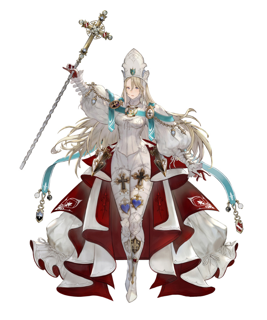 1girl absurdres arm_at_side bangs bodysuit breasts cross full_body gran_saga hair_between_eyes hand_up highres holding holding_staff long_hair looking_at_viewer medium_breasts official_art parted_lips platinum_blonde_hair puffy_sleeves riesun solo staff standing violet_eyes