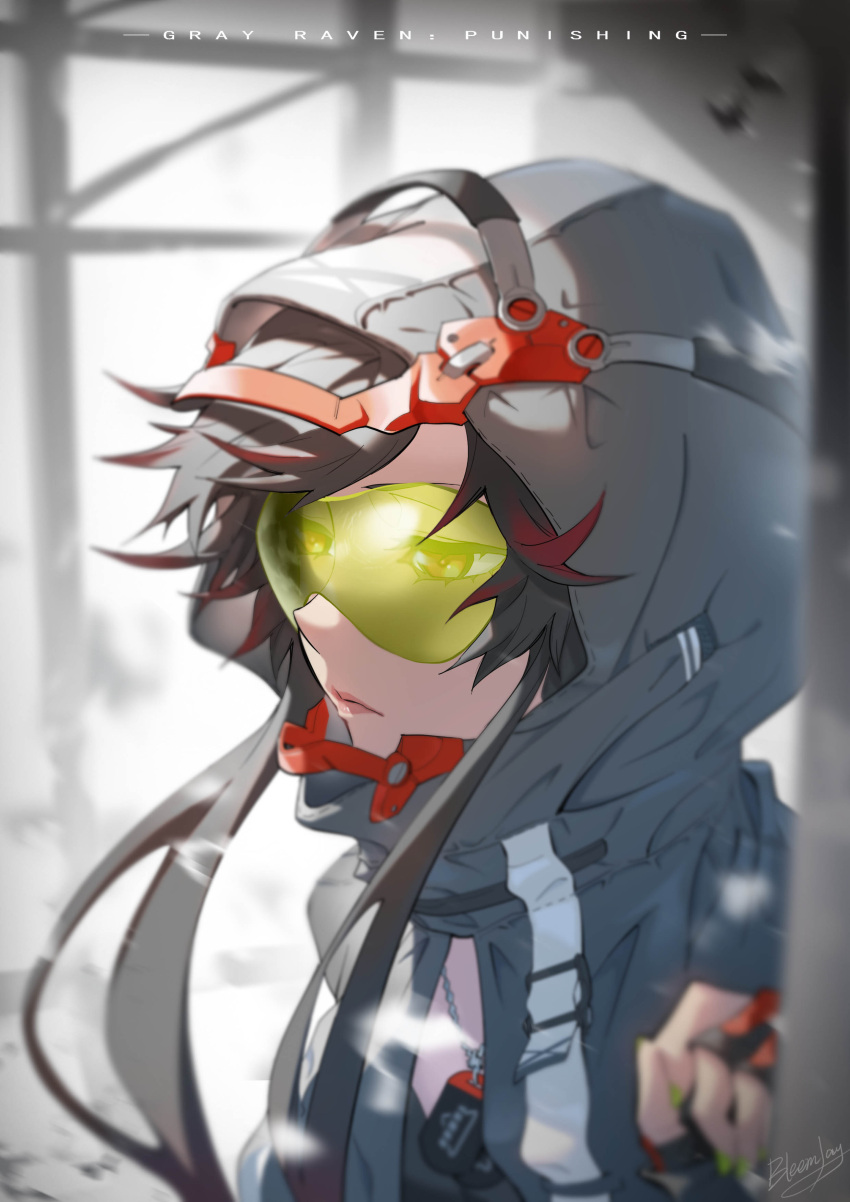 1girl absurdres bangs black_hair bleemjay dog_tags expressionless goggles highres jacket looking_to_the_side lucia_(punishing:_gray_raven) multicolored_hair punishing:_gray_raven red_eyes signature