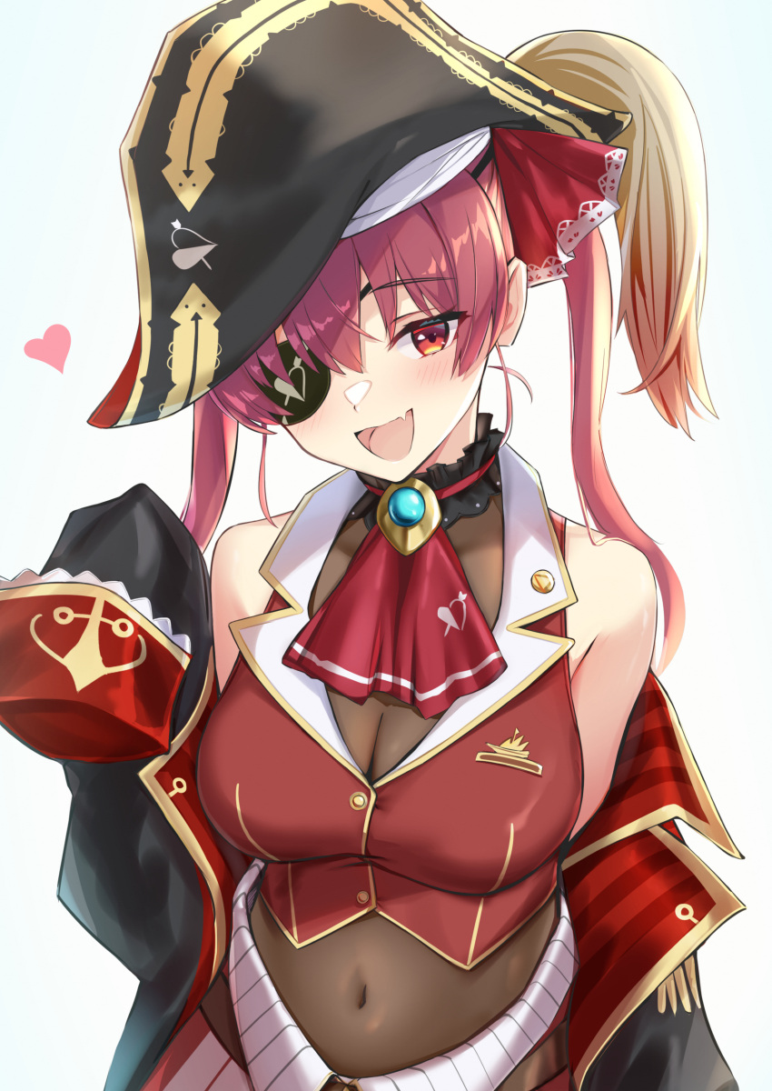 1girl absurdres bare_shoulders bee_doushi belt black_coat black_headwear bodysuit breasts brooch coat covered_navel crop_top eyepatch gold_trim hat highres hololive houshou_marine jewelry large_breasts long_hair looking_at_viewer midriff off_shoulder open_mouth pirate_hat red_eyes red_shirt redhead shirt sleeveless sleeveless_shirt smile solo twintails upper_body virtual_youtuber wing_collar