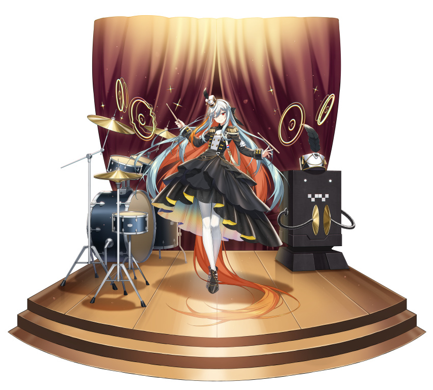 1girl absurdres alternate_costume band_uniform braid counter:side curtains cymbals drum drum_set drumsticks full_body hat highres honeycomb_(pattern) instrument long_hair looking_at_viewer machine-g.a.p. multicolored_hair official_alternate_costume official_art one_eye_closed orange_hair red_eyes robot shako_cap sigma_(counter:side) silver_hair smile sparkle tachi-e white_legwear