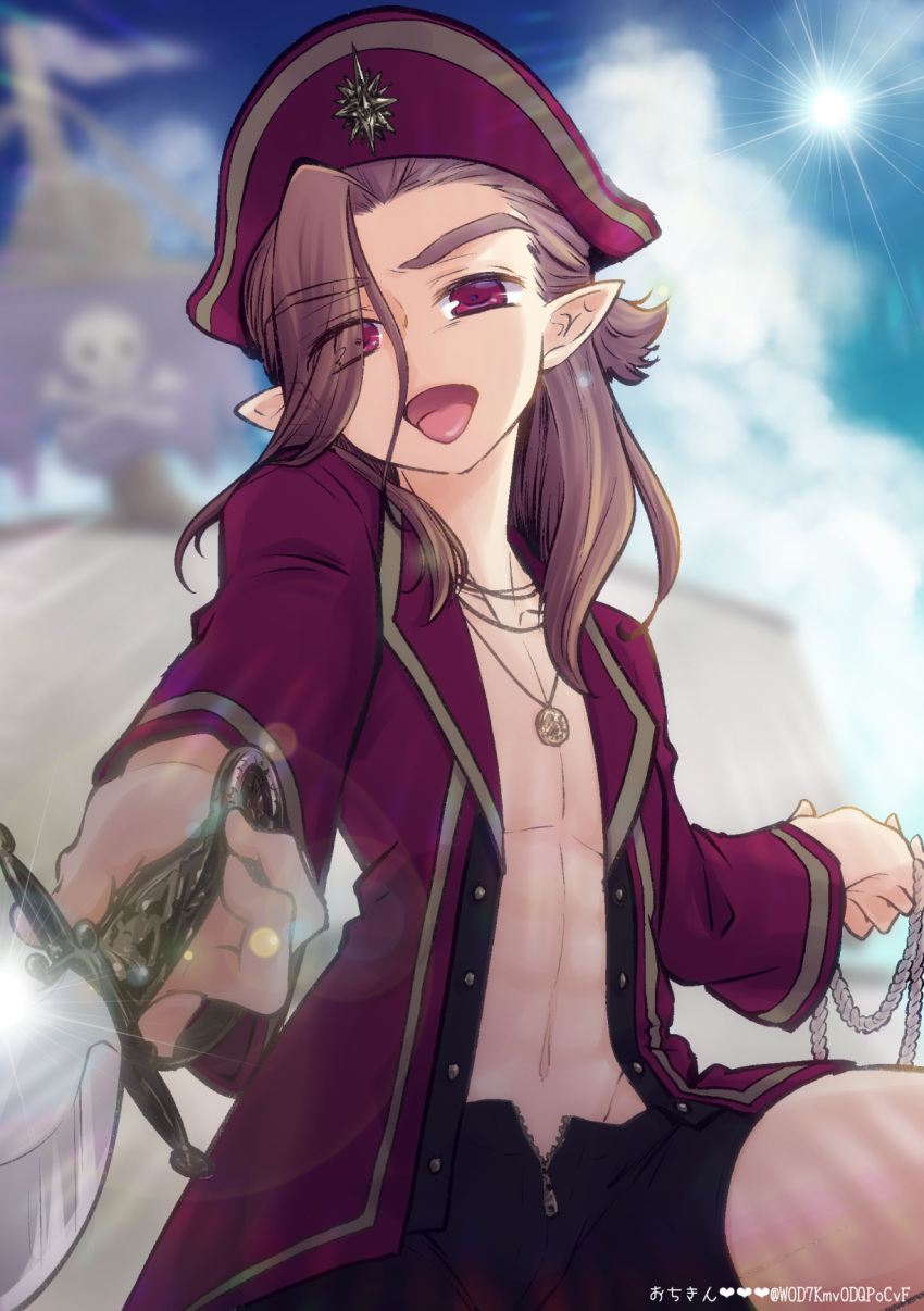 1boy black_shorts blue_sky brown_hair clouds cloudy_sky coat cowboy_shot eyebrows_visible_through_hair eyes_visible_through_hair glint hat highres holding holding_knife jewelry knife lens_flare long_hair luozhu_(the_legend_of_luoxiaohei) navel necklace open_mouth pirate pirate_hat pirate_ship pointy_ears red_coat red_eyes shorts sky smile solo the_legend_of_luo_xiaohei wod7kmv0dqpocvf