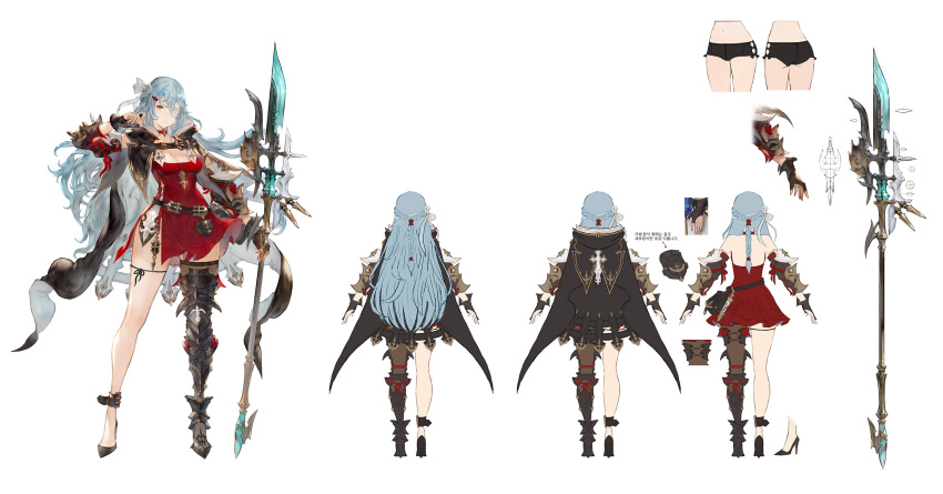 1girl aqua_hair arm_at_side asymmetrical_legwear bangs boots breasts cape closed_mouth concept_art detached_sleeves dress eyepatch fingerless_gloves gloves gran_saga hair_ribbon hand_up high_heels highres holding holding_polearm holding_weapon long_hair medium_breasts mismatched_legwear multiple_views orange_eyes polearm ribbon riesun shoes side_slit standing thigh-highs thigh_boots thigh_ribbon turnaround underwear weapon