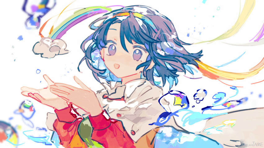 1girl blue_eyes blue_hair cloak dress hairband highres kyuutame long_sleeves multicolored_clothes multicolored_dress multicolored_hairband open_mouth rainbow_gradient short_hair simple_background sky_print smile solo symbol-only_commentary tenkyuu_chimata touhou upper_body water_drop white_background white_cloak