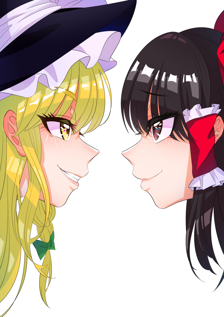 2girls absurdres black_eyes black_hair black_headwear blonde_hair bow braid face frilled_hat frills green_bow grin guumin hair_bow hair_tubes hakurei_reimu hat hat_bow hat_ribbon highres kirisame_marisa long_hair medium_hair multiple_girls red_bow ribbon simple_background smile touhou touhou_(pc-98) white_background white_bow white_ribbon witch_hat yellow_eyes