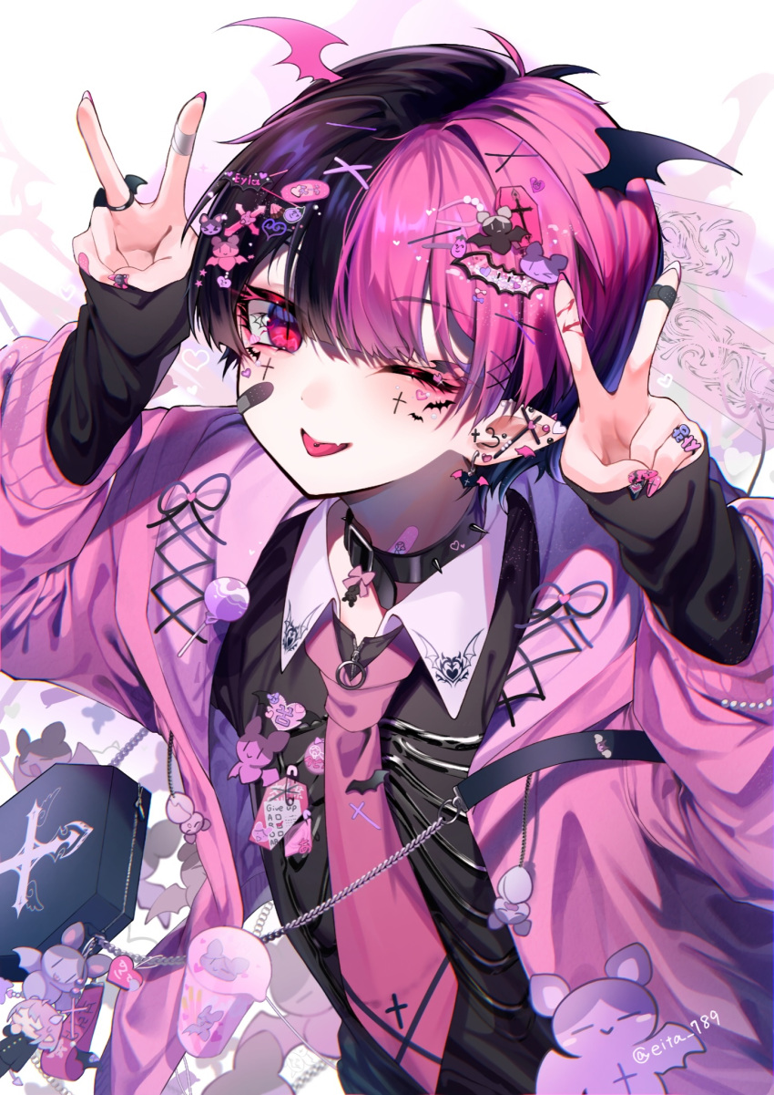 1boy bat_wings black_hair choker coffin collar eita_789 fang highres jewelry long_sleeves male_focus multicolored_hair one_eye_closed original pale_skin pink_eyes pink_hair pointy_ears ring solo spiked_collar spikes split-color_hair v vampire wings