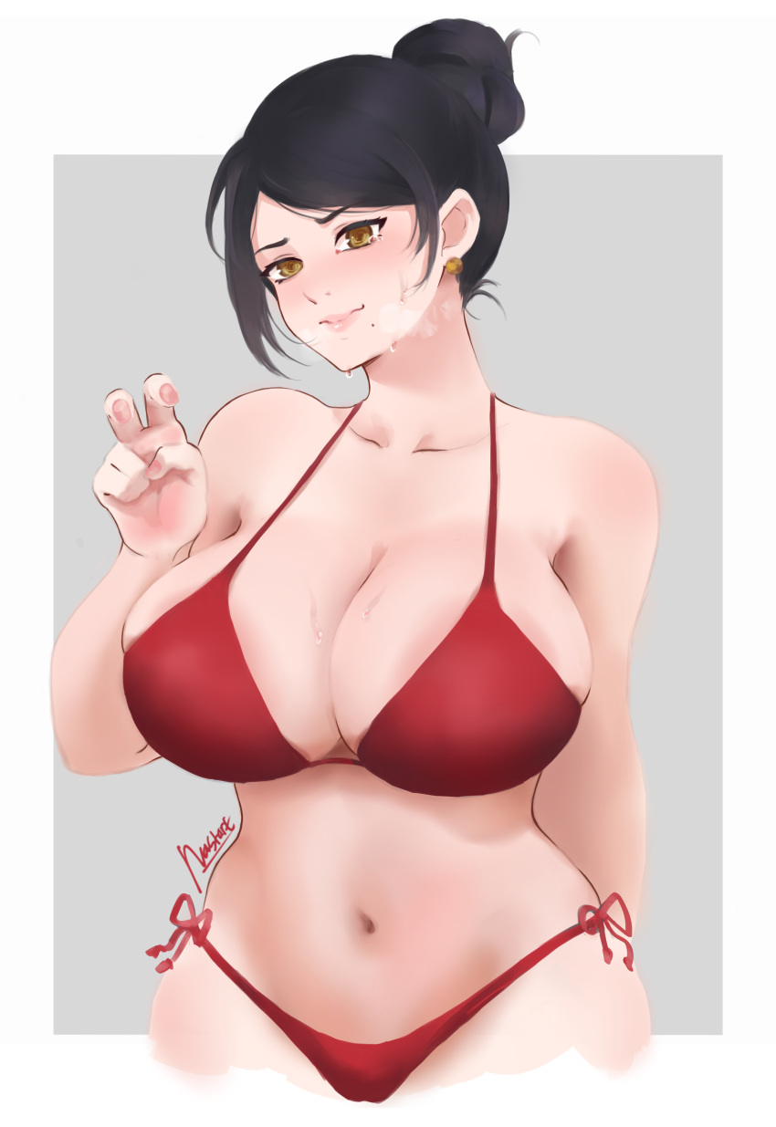 1girl absurdres bijin_onna_joushi_takizawa-san bikini black_hair blush border breasts collarbone cropped_legs embarrassed english_commentary grey_background hair_behind_ear hair_bun head_tilt highres large_breasts looking_at_viewer midriff mole mole_under_mouth nastart navel outside_border red_bikini solo sweat swimsuit takizawa_kyouko white_border