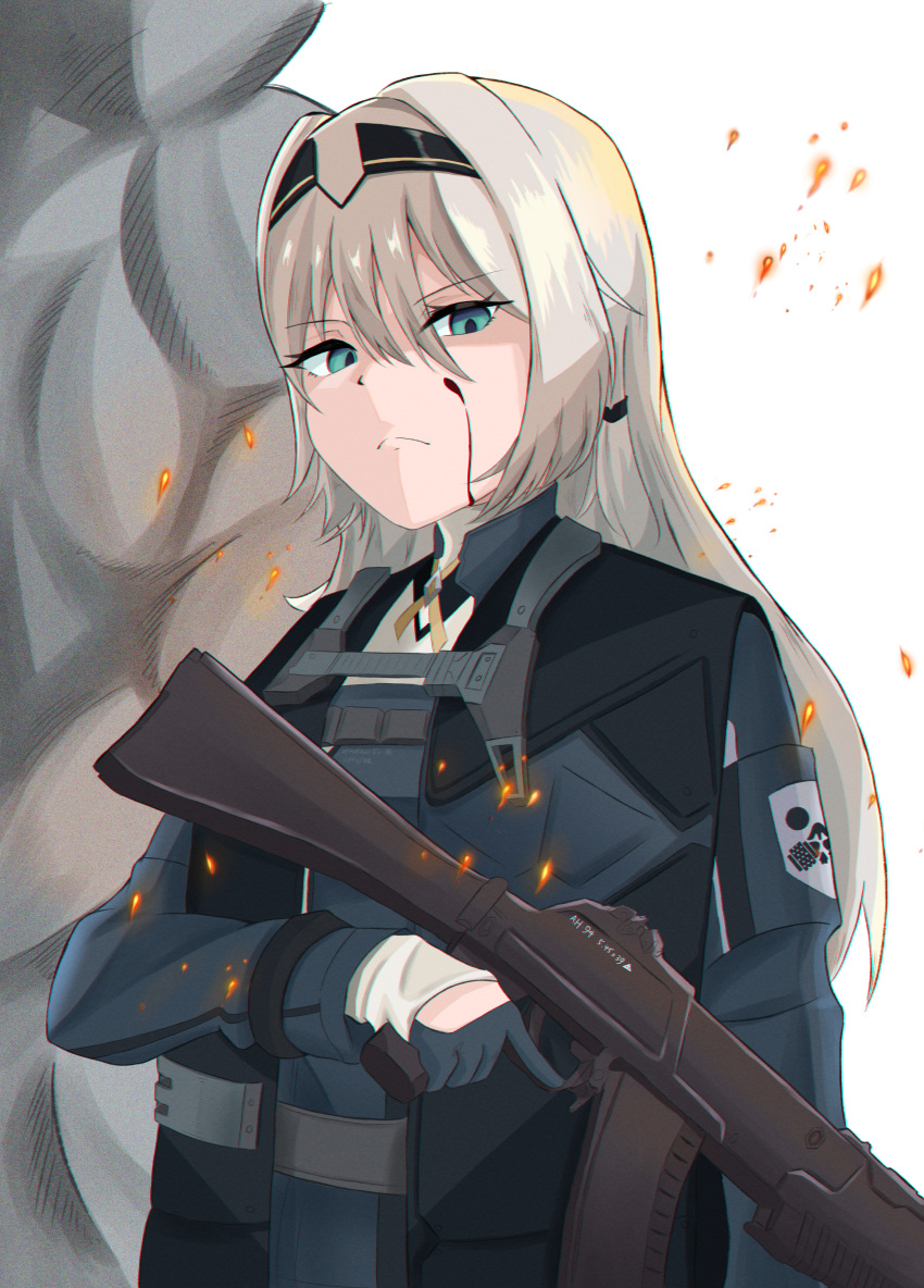 1girl absurdres an-94 an-94_(girls'_frontline) aqua_eyes aqua_gloves assault_rifle bangs black_hairband blonde_hair blood blood_on_face breasts closed_mouth eyebrows_visible_through_hair girls_frontline gloves gun hair_between_eyes hair_ornament hairband hairclip highres holding holding_gun holding_weapon long_hair looking_at_viewer rifle serious simple_background small_breasts smoke solo tactical_clothes tigger_drawing unhappy upper_body weapon