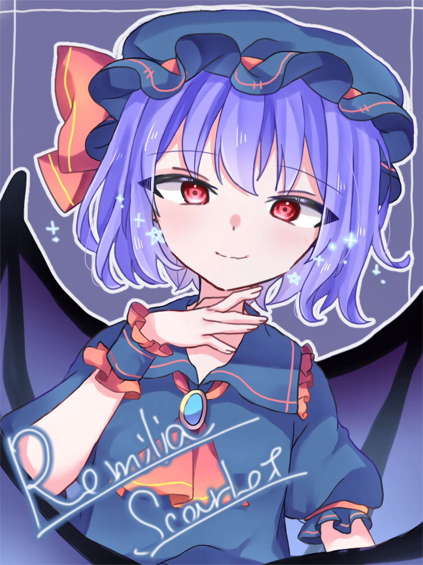 1girl ascot bangs bat_wings black_headwear black_shirt character_name closed_mouth eyebrows_visible_through_hair hat hat_ribbon highres kaede_(ka_e_de_03) looking_at_viewer mob_cap outline purple_hair red_ascot red_eyes red_ribbon remilia_scarlet ribbon shirt short_hair short_sleeves smile solo touhou upper_body white_outline wings wrist_cuffs