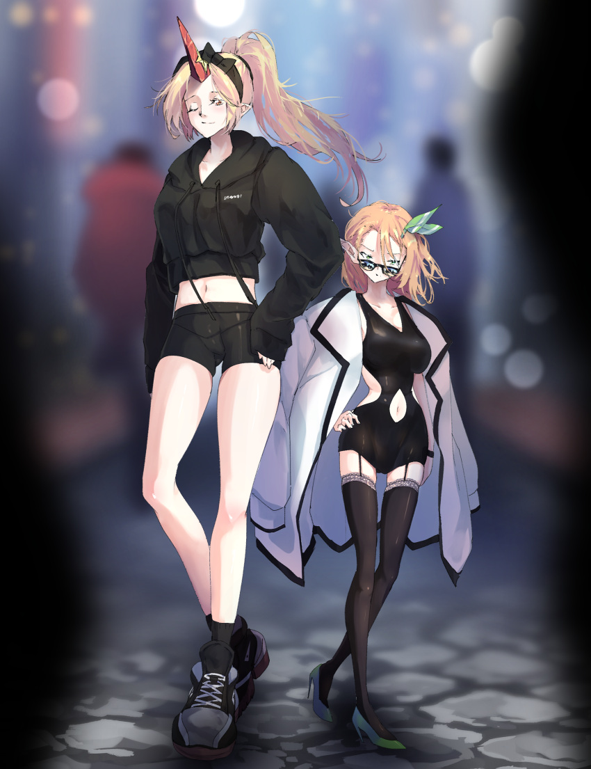 2girls absurdres black_hairband black_legwear blonde_hair breasts full_body garter_belt green_eyes hairband highres horns hoshiguma_yuugi jacket long_hair medium_breasts mizuhashi_parsee multiple_girls oni outdoors pointy_ears ponytail red_eyes short_hair single_horn smile sunnysideup thigh-highs touhou white_jacket