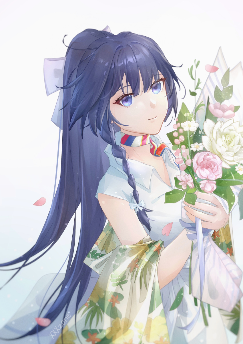 1girl absurdres bangs bare_shoulders bouquet bow braid choker closed_mouth flower hair_bow highres holding holding_bouquet honkai_(series) honkai_impact_3rd long_hair looking_at_viewer pink_flower pink_rose ponytail purple_hair raiden_mei rose shirt sleeveless sleeveless_shirt smile solo violet_eyes white_flower white_rose white_shirt xiazhijun816