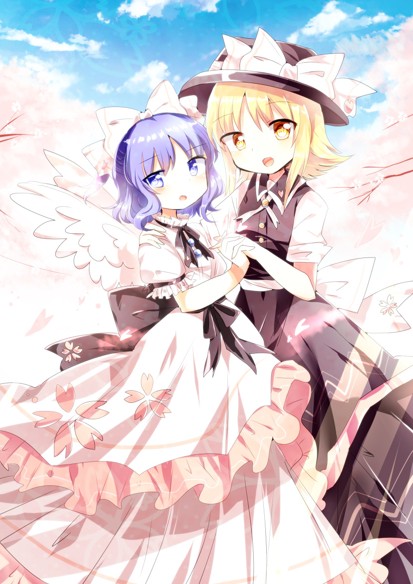 2girls absurdres adapted_costume angel_wings back_bow bangs black_bow black_bowtie black_headwear black_sash black_skirt black_vest blonde_hair blue_eyes blue_hair bow bowtie buttons cherry_blossoms clouds cloudy_sky collared_vest commentary_request dress eyebrows_visible_through_hair feathered_wings floral_print frilled_dress frills hair_bow hand_on_another's_shoulder hat hat_bow highres holding_hands medium_hair multiple_girls open_mouth ougi_maimai outdoors pink_bow pink_dress ribbon sash shirt short_sleeves skirt sky touhou touhou_(pc-98) vest white_bow white_ribbon white_sash white_shirt white_wings wings yellow_eyes