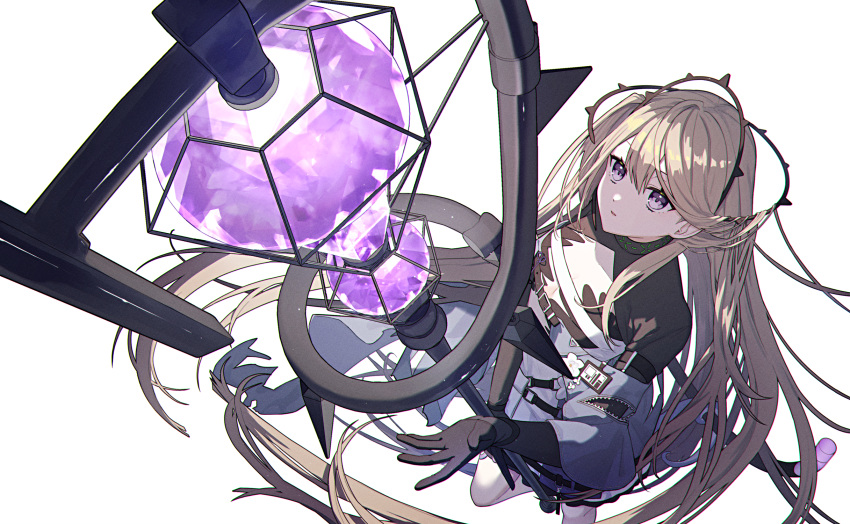 1girl arknights bangs brown_hair commentary_request hair_ornament highres indigo_(arknights) infection_monitor_(arknights) long_hair looking_up parted_lips shrug_(clothing) simple_background snake_tail solo staff tail tngn96 very_long_hair violet_eyes white_background