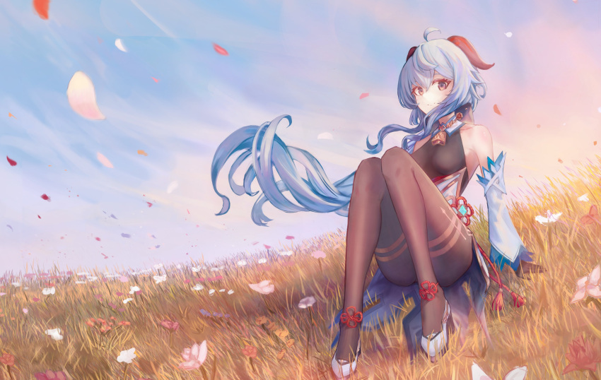 absurdres ahoge bangs bare_shoulders bell black_legwear blue_hair blue_sky blush breasts chinese_knot detached_sleeves field flower flower_field flower_knot ganyu_(genshin_impact) genshin_impact gold_trim grass high_heels highres horns knees_up koseikogani long_hair looking_at_viewer medium_breasts multicolored_eyes neck_bell outdoors petals red_rope rope sidelocks sitting sky smile solo thighlet very_long_hair vision_(genshin_impact) white_flower white_sleeves