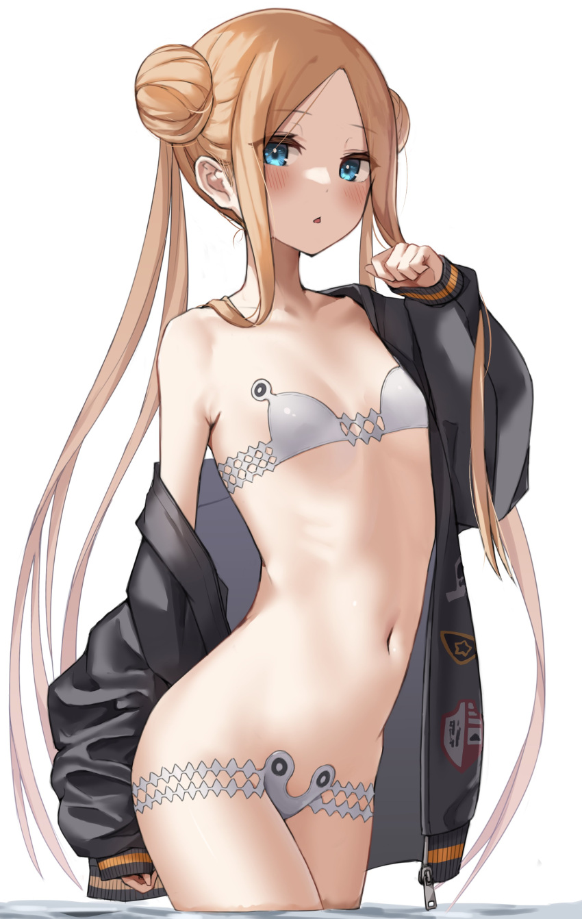 1girl abigail_williams_(fate) abigail_williams_(swimsuit_foreigner)_(fate) absurdres bangs blonde_hair blue_eyes blush breasts double_bun fate/grand_order fate_(series) forehead highres kopaka_(karda_nui) long_hair looking_at_viewer parted_bangs sidelocks small_breasts thighs twintails very_long_hair