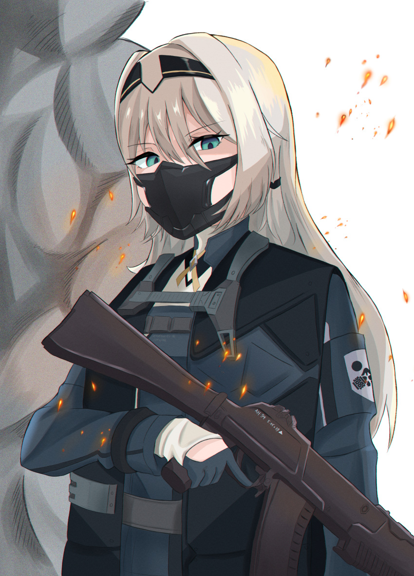 1girl absurdres an-94 an-94_(girls'_frontline) aqua_eyes aqua_gloves assault_rifle bangs black_hairband blonde_hair breasts eyebrows_visible_through_hair girls_frontline gloves gun hair_between_eyes hair_ornament hairband hairclip highres holding holding_gun holding_weapon long_hair looking_at_viewer mask rifle serious simple_background small_breasts smoke solo tactical_clothes tigger_drawing upper_body weapon