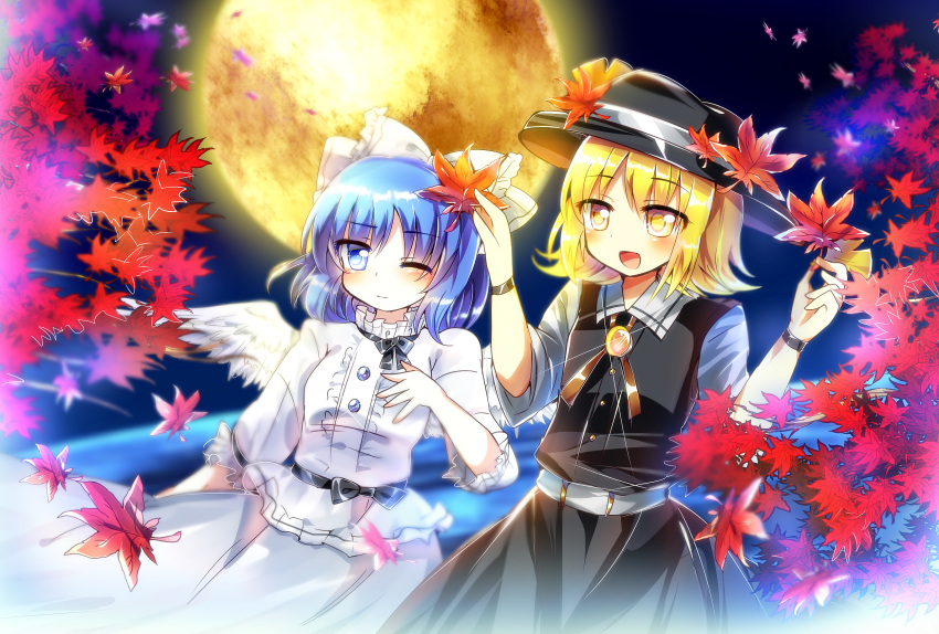 autumn_leaves belt black_headwear black_ribbon black_sash black_skirt black_vest blonde_hair blouse blue_eyes blue_hair blush bow breasts brooch buttons center_frills closed_mouth collared_shirt eyebrows_visible_through_hair fedora frills full_moon hair_bow happy hat hat_ribbon highres jewelry leaf leaf_hat_ornament mai_(touhou) medium_hair moon night night_sky one_eye_closed open_mouth ougi_maimai puffy_short_sleeves puffy_sleeves ribbon sash shirt short_hair short_sleeves skirt sky small_breasts touhou touhou_(pc-98) vest white_belt white_blouse white_bow white_shirt white_skirt wristband yellow_eyes yellow_ribbon yuki_(touhou)