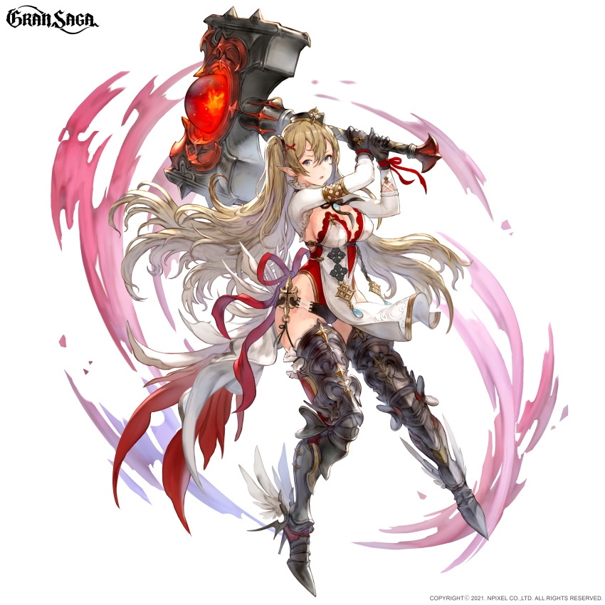 1girl absurdres bangs blonde_hair blue_eyes boots breasts company_name copyright copyright_name floating_hair full_body gran_saga hair_between_eyes hammer hat high_heel_boots high_heels highres holding holding_hammer huge_weapon large_breasts leotard long_hair looking_at_viewer official_art open_mouth pelvic_curtain riesun simple_background solo strapless strapless_leotard thigh-highs thigh_boots tied_hair weapon white_background