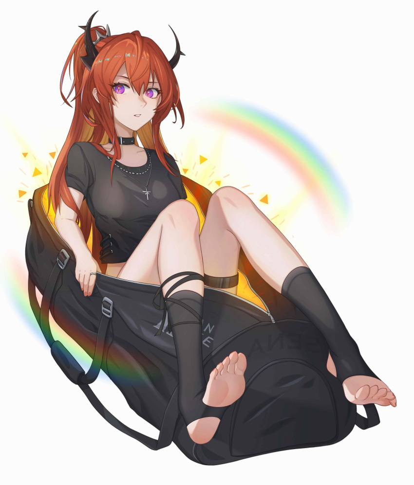 1girl absurdres arknights bag bangs black_choker black_shirt choker commentary_request crop_top cross cross_necklace hair_between_eyes highres horns jewelry knees_up long_hair looking_at_viewer necklace no_shoes one_side_up parted_lips rainbow redhead senamashiro shirt short_sleeves simple_background sitting solo stirrup_legwear surtr_(arknights) surtr_(liberte_echec)_(arknights) toeless_legwear toeless_socks violet_eyes white_background