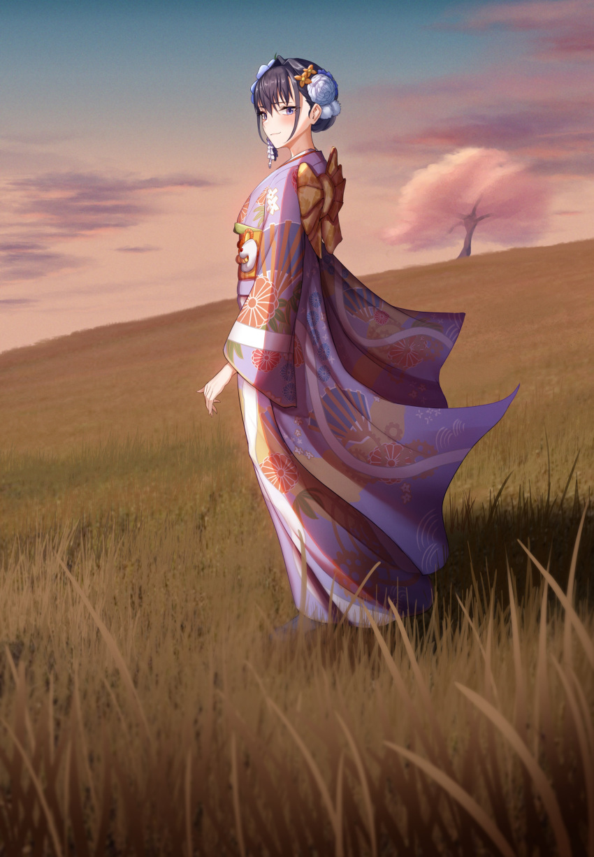 1girl absurdres bangs blue_eyes blue_hair closed_mouth clouds dusk field floral_print flower from_side full_body grass hair_flower hair_intakes hair_ornament highres hololive hololive_english japanese_clothes kimono light_smile looking_at_viewer looking_to_the_side obi official_alternate_costume ouro_kronii sash short_hair sky solo tied_hair tree virtual_youtuber wind wind_lift zenya